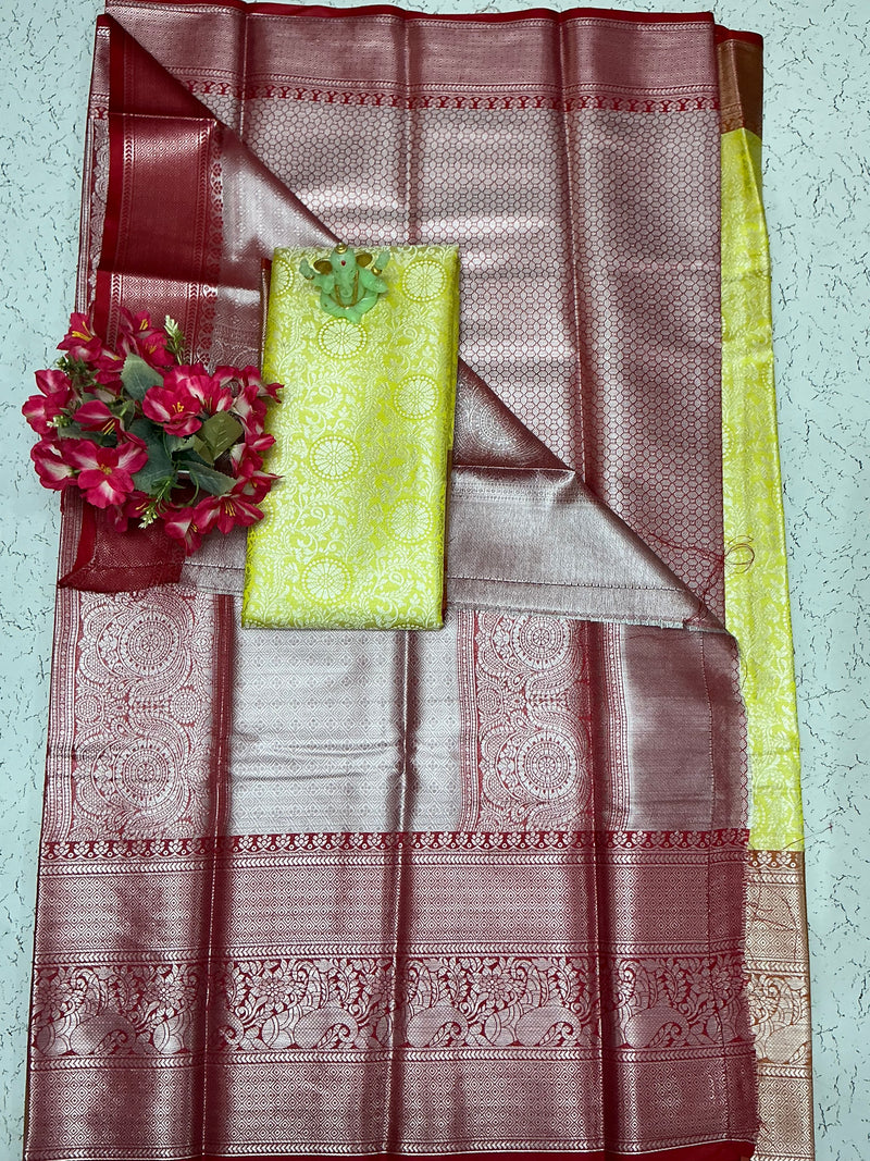 Silver Bridal Soft Silk Saree– Silver Body with Yellow Blouse and Antique Red Border