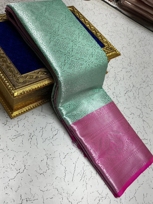 Silver Bridal Soft Silk Saree – Sky Blue Body with Wine Pink Border & Floral Zari