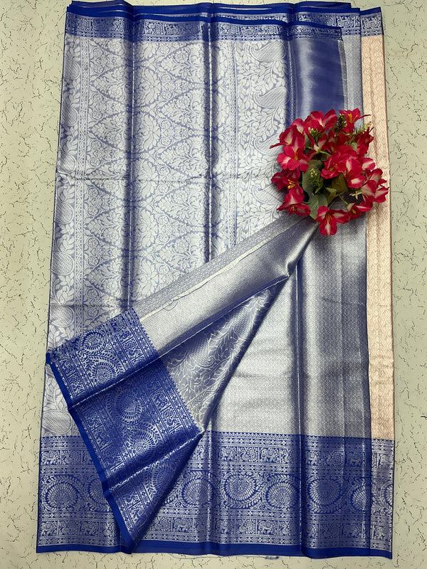 Silver Bridal Soft Silk Saree– Sky Blue with Floral Zari and Silver Glow Body