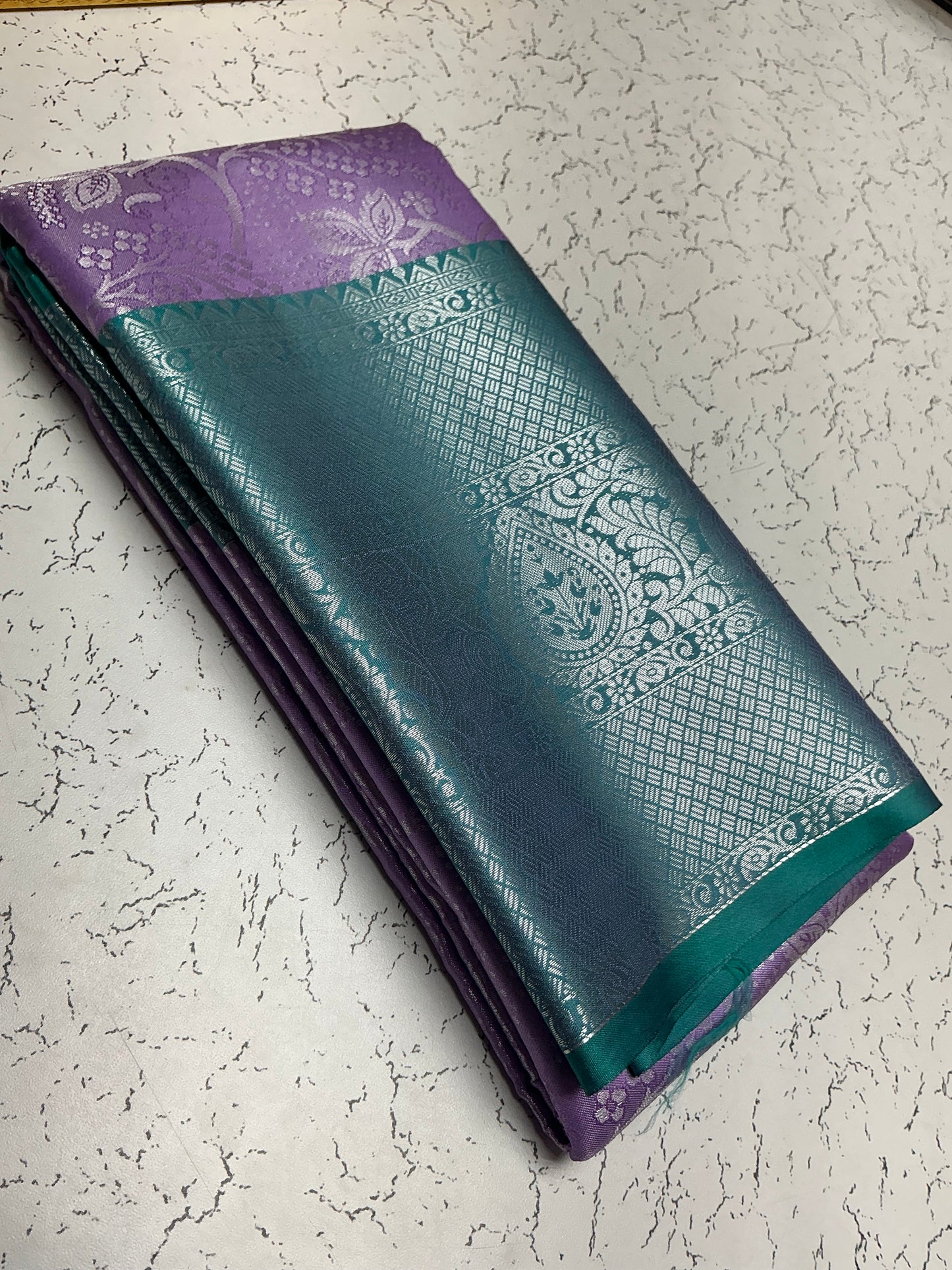 Silver Bridal Soft Silk Saree – Violet Body with Teal Green Pallu & Diamond Zari Weave