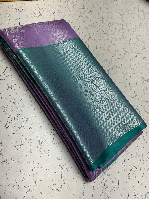 Silver Bridal Soft Silk Saree – Violet Body with Teal Green Pallu & Diamond Zari Weave