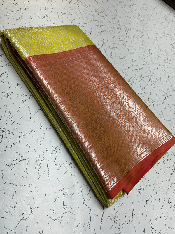 Silver Bridal Soft Silk Saree – Yellow Body with Rust Orange Border