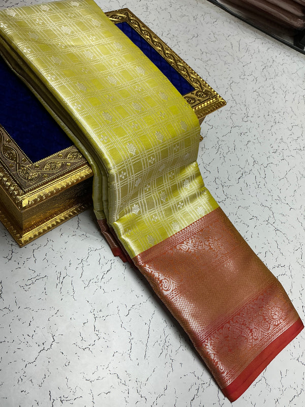 Silver Bridal Soft Silk Saree – Yellow Checks with Copper Zari Border