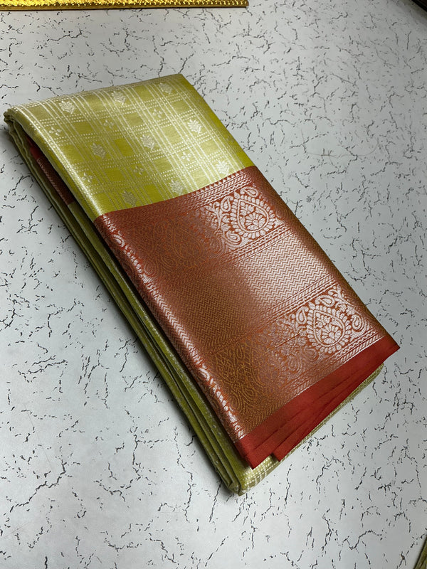 Silver Bridal Soft Silk Saree – Yellow Checks with Red Zari Border