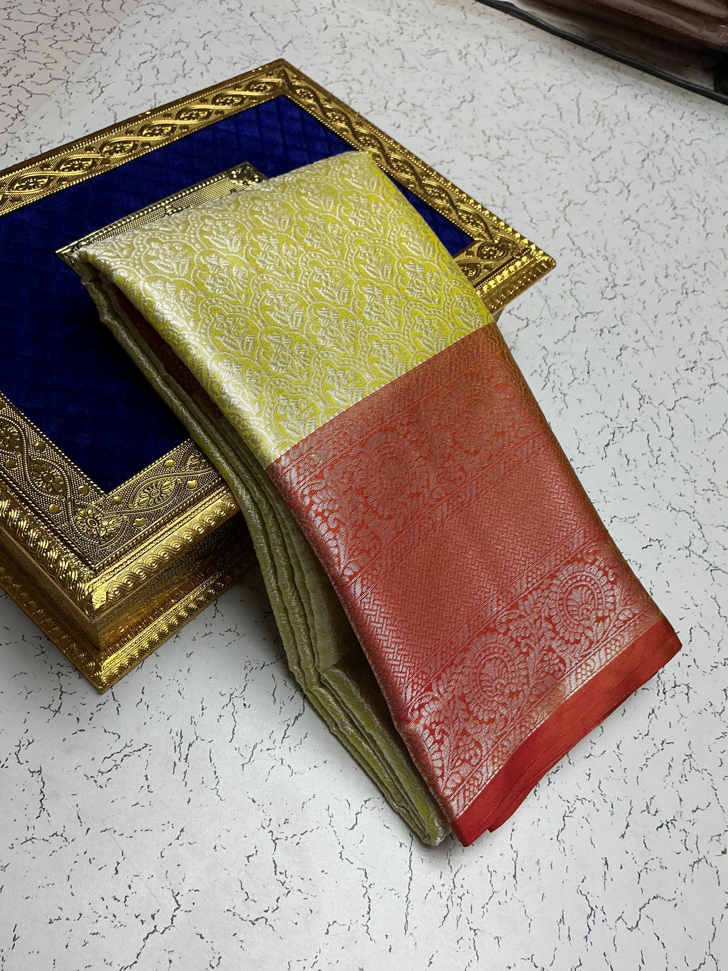 Silver Bridal Soft Silk Saree– Yellow with Copper Pallu and Golden Weave