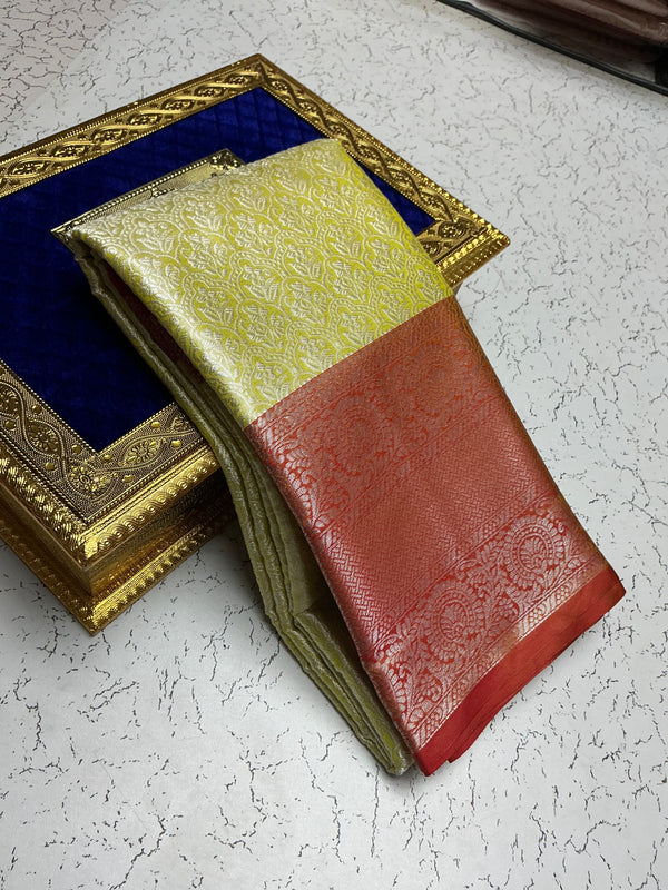 Silver Bridal Soft Silk Saree– Yellow with Copper Pallu and Golden Weave