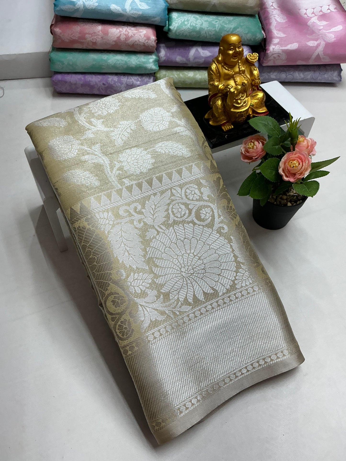 Silver Tissue Bridal Saree – Champagne Gold Floral Weave