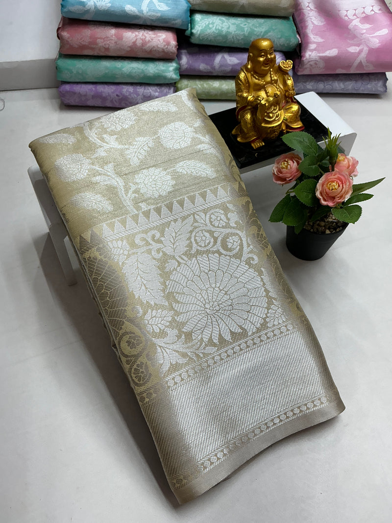 Silver Tissue Bridal Saree – Champagne Gold Floral Weave