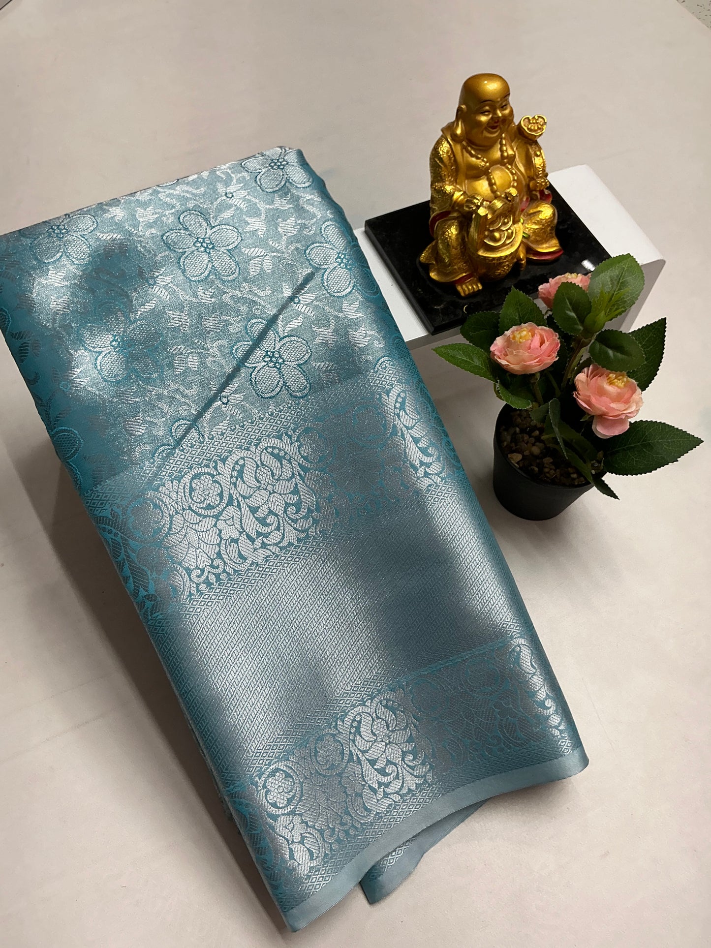 Silver Tissue Bridal Saree – Teal Blue Floral Zari
