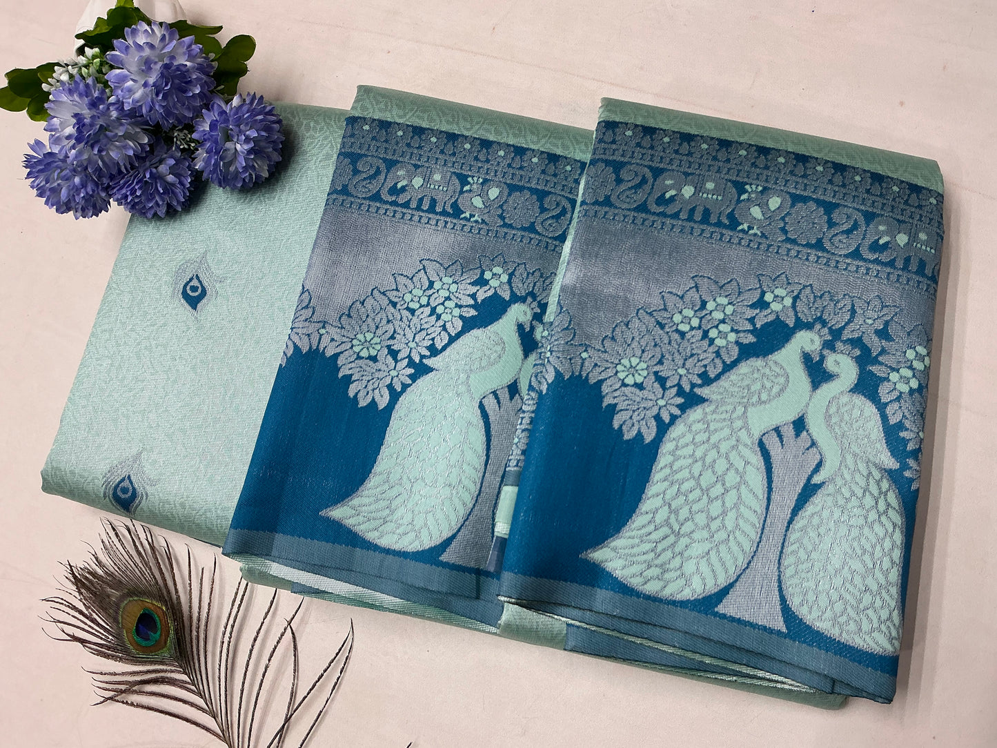 Teal Blue Silver Bridal Saree with Aqua Floral Peacock Design