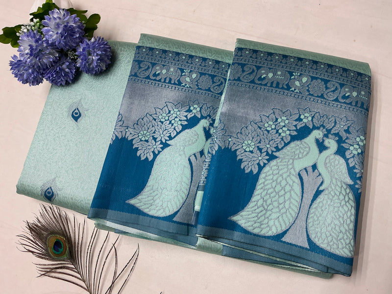 Teal Blue Silver Bridal Saree with Aqua Floral Peacock Design