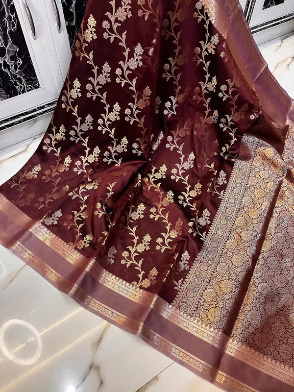 Premium Banarasi Mashru Silk Saree with Dark Brown