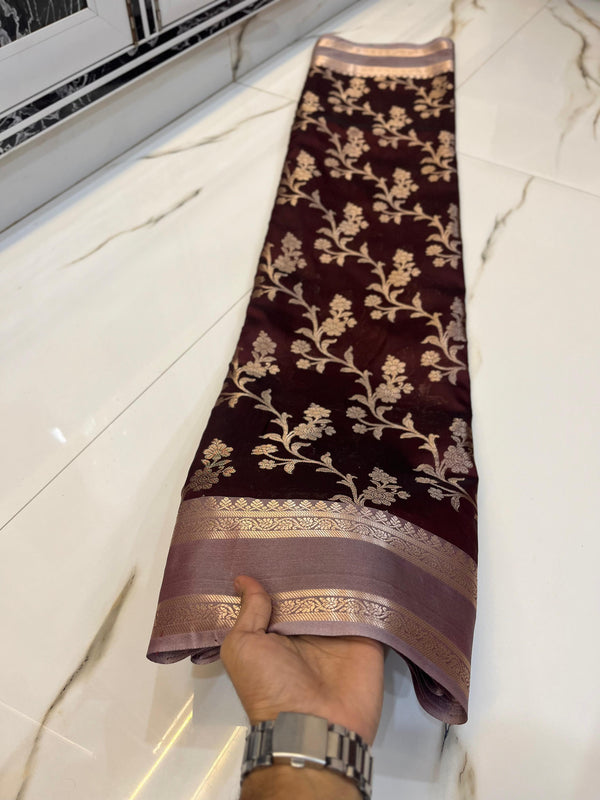 Premium Banarasi Mashru Silk Saree with Dark Brown