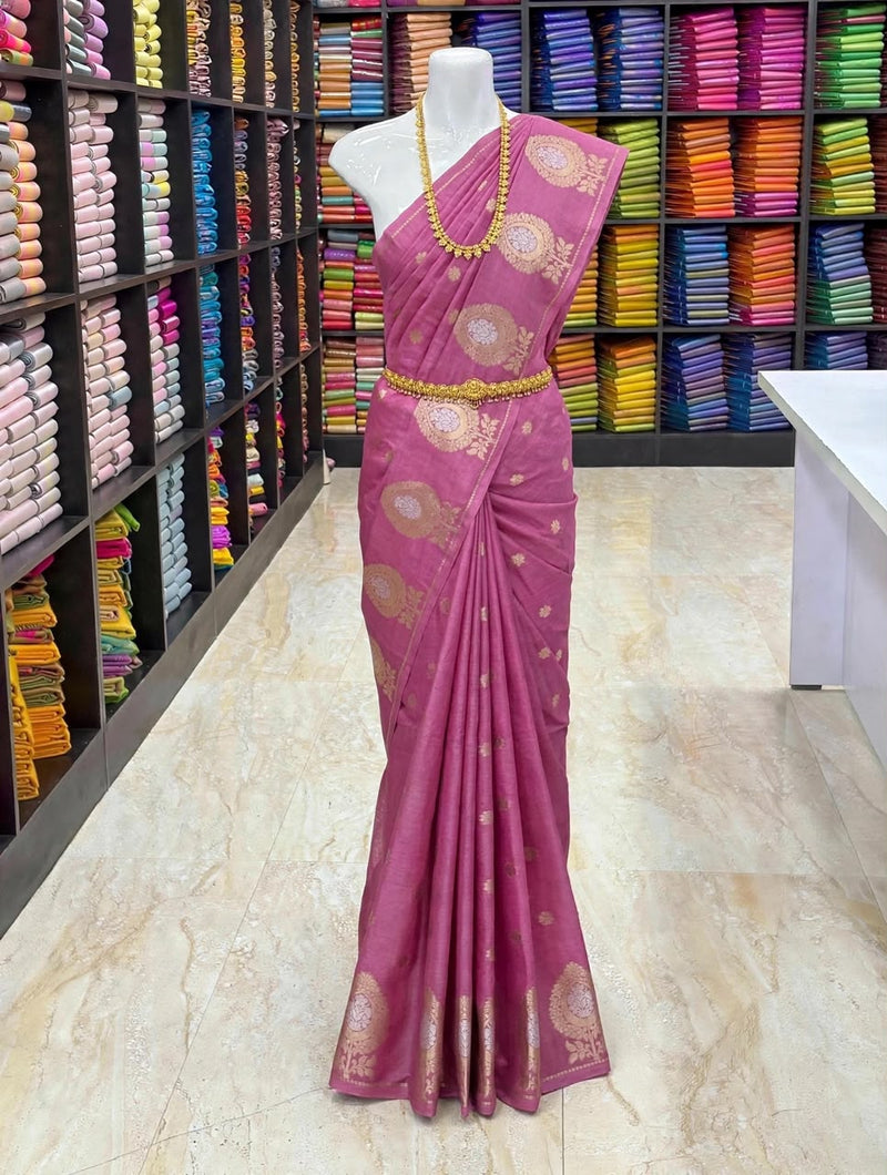 Premium Banarasi Warm Silk Saree – Fuchsia Pink with Copper Gold Zari Border | Festive Silk Saree | Sri Nandhini Tex | SNTS005