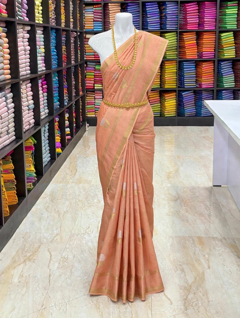 Premium Banarasi Warm Silk Saree – Peach Blush with Golden Zari Border | Festive Elegance Saree | Sri Nandhini Tex | SNTS001
