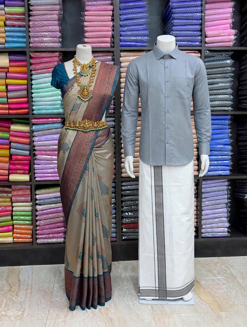 Premium Traditional Couples Combo – Beige Saree with Teal Blue Contrast Border, Grey Shirt & White Vesti | Wedding & Festive Wear | Sri Nandhini Tex | SNTCC001