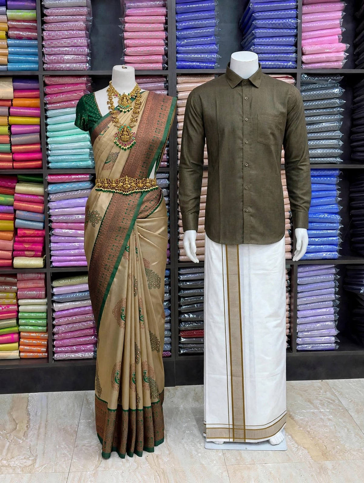 Premium Traditional Couples Combo – Sandal Beige Saree with Bottle Green Contrast Border, Olive Green Shirt & White Vesti | Wedding & Festive Wear | Sri Nandhini Tex | SNTCC002
