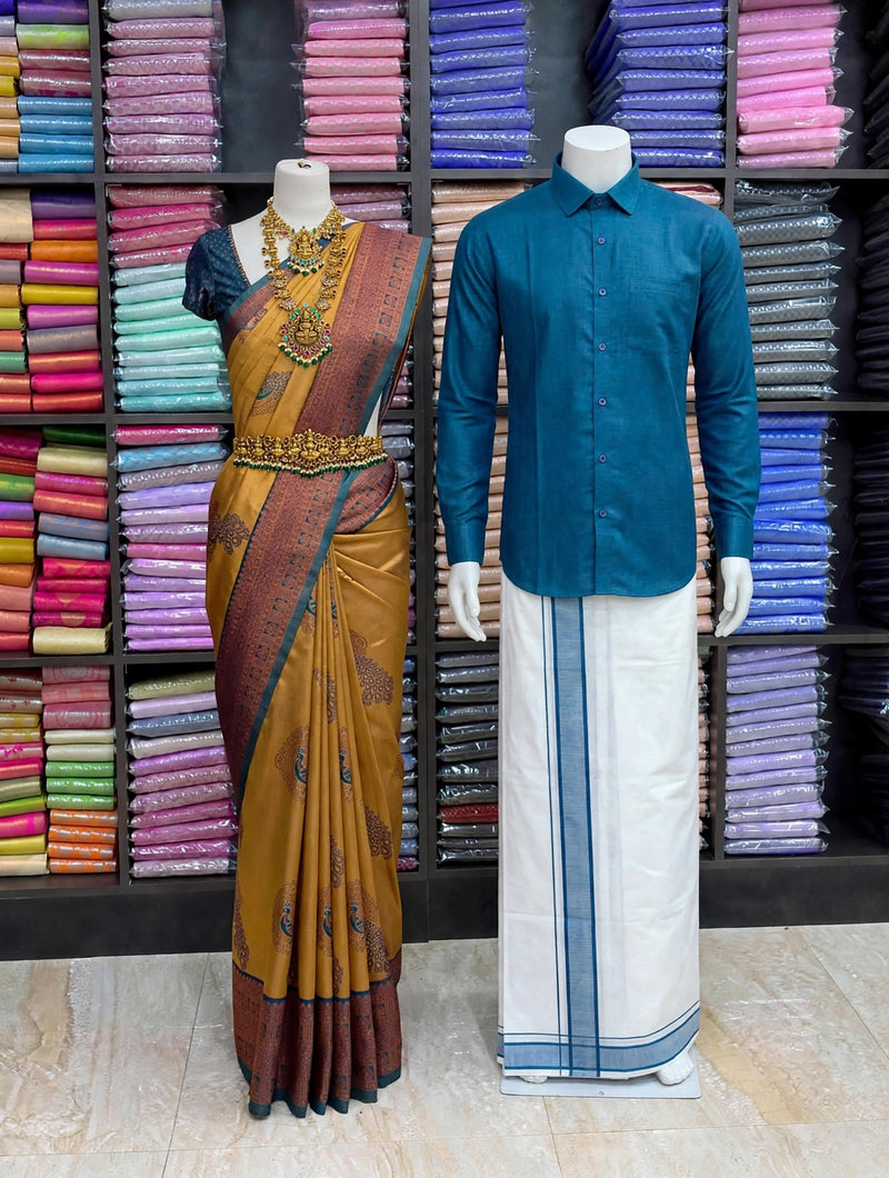 Premium Traditional Couples Combo – Mustard Yellow Saree with Peacock Blue Contrast Border, Peacock Blue Shirt & White Vesti | Wedding & Festive Wear | Sri Nandhini Tex | SNTCC003