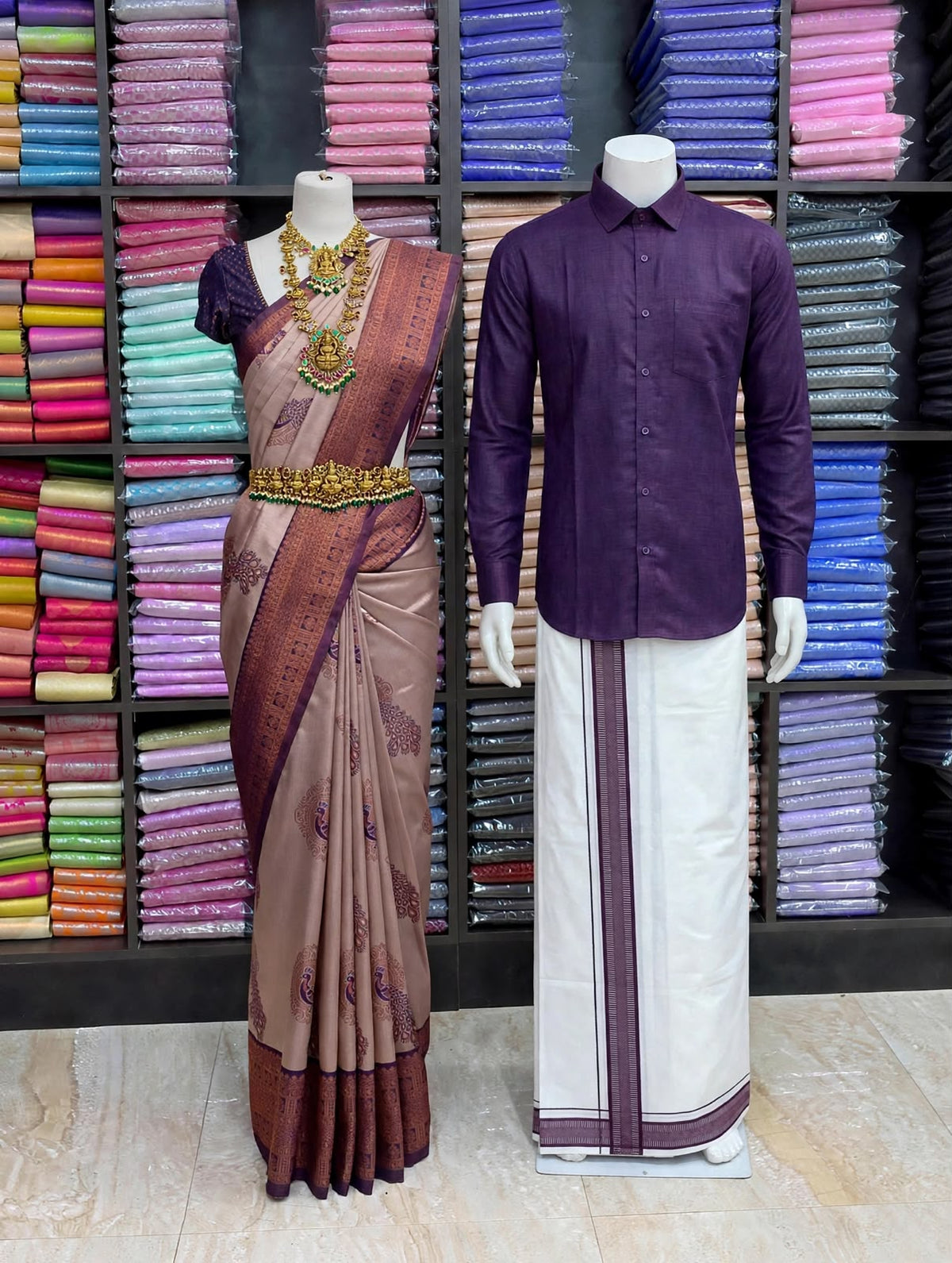 Premium Traditional Couples Combo – Dusty Mauve Saree with Deep Purple Contrast Border, Purple Shirt & White Vesti | Wedding & Festive Wear | Sri Nandhini Tex | SNTCC004
