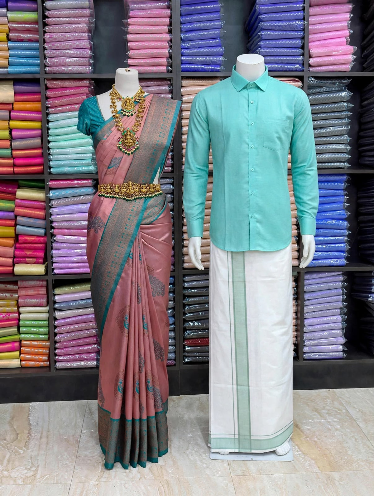 Premium Traditional Couples Combo – Dusty Rose Saree with Turquoise Contrast Border, Aqua Blue Shirt & White Vesti | Wedding & Festive Wear | Sri Nandhini Tex | SNTCC008