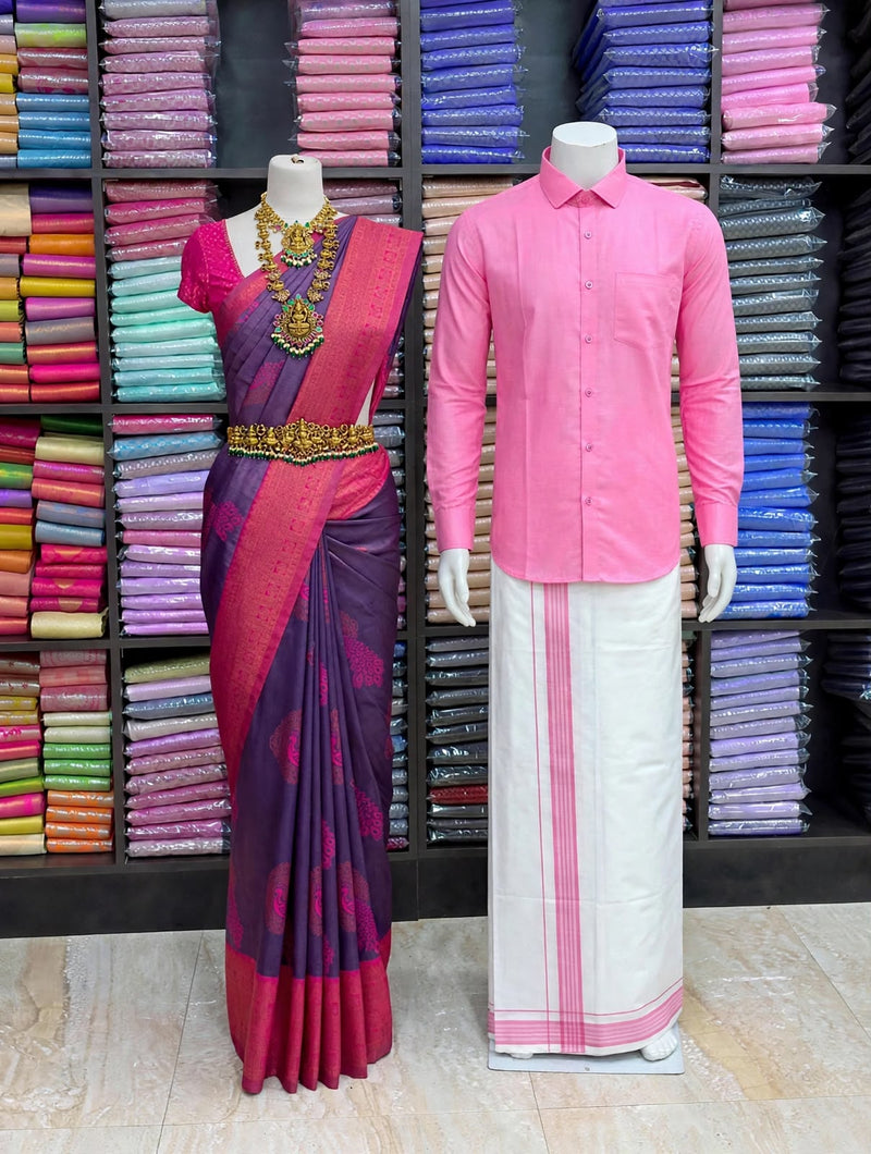 Premium Traditional Couples Combo – Deep Violet Saree with Rani Pink Contrast Border, Pink Shirt & White Vesti | Wedding & Festive Wear | Sri Nandhini Tex | SNTCC005