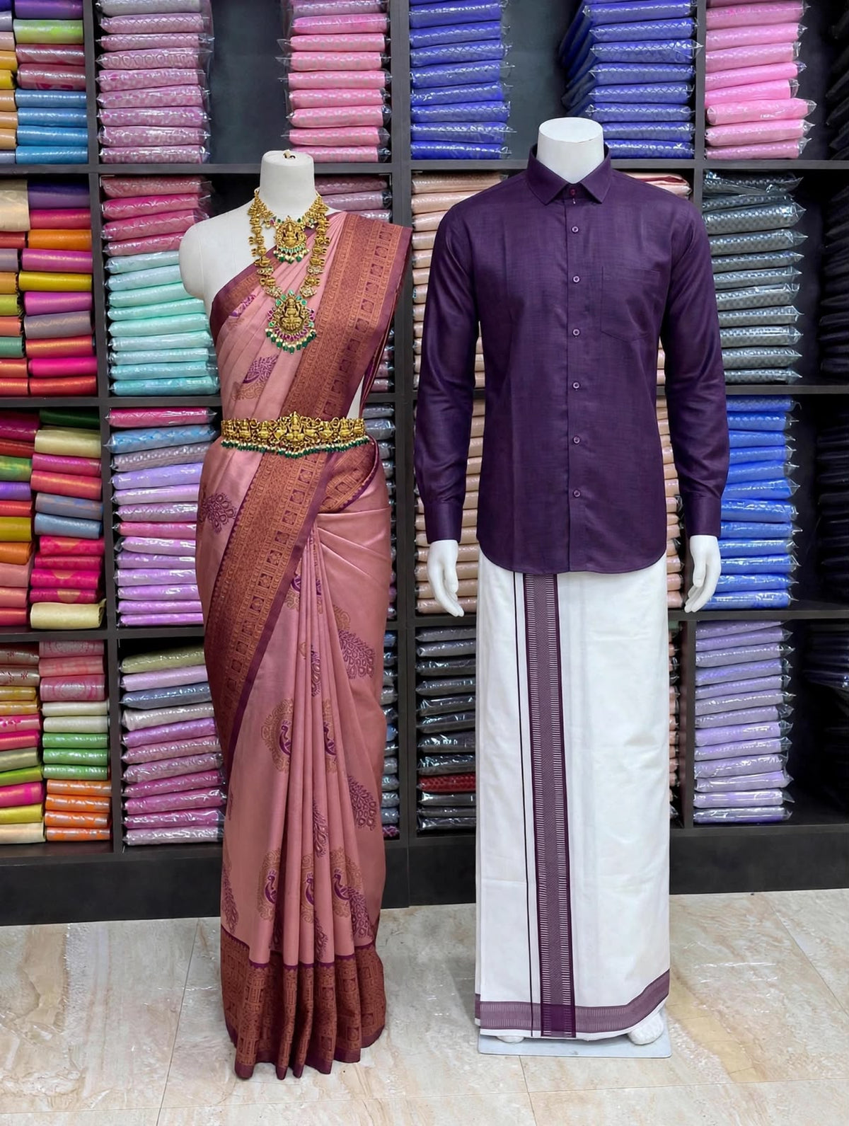 Premium Traditional Couples Combo – Rose Pink Saree with Plum Purple Contrast Border, Deep Purple Shirt & White Vesti | Wedding & Festive Wear | Sri Nandhini Tex | SNTCC006