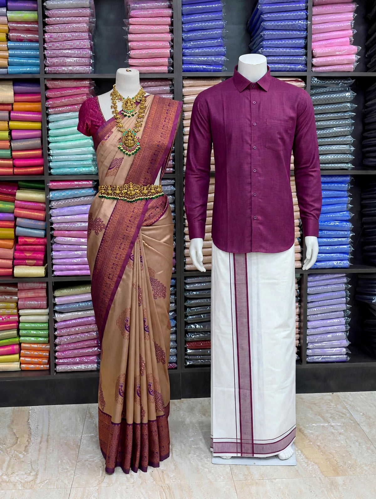 Premium Traditional Couples Combo – Champagne Beige Saree with Wine Purple Contrast Border, Wine Shirt & White Vesti | Wedding & Festive Wear | Sri Nandhini Tex | SNTCC007