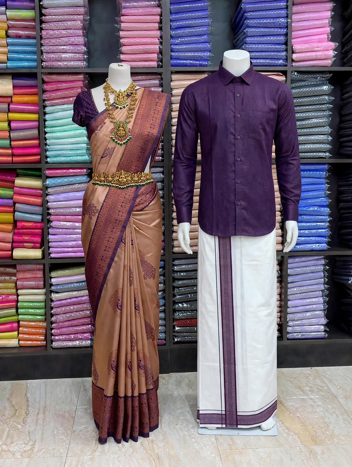 Premium Traditional Couples Combo – Peach Beige Saree with Deep Purple Contrast Border, Purple Shirt & White Vesti | Wedding & Festive Wear | Sri Nandhini Tex | SNTCC011