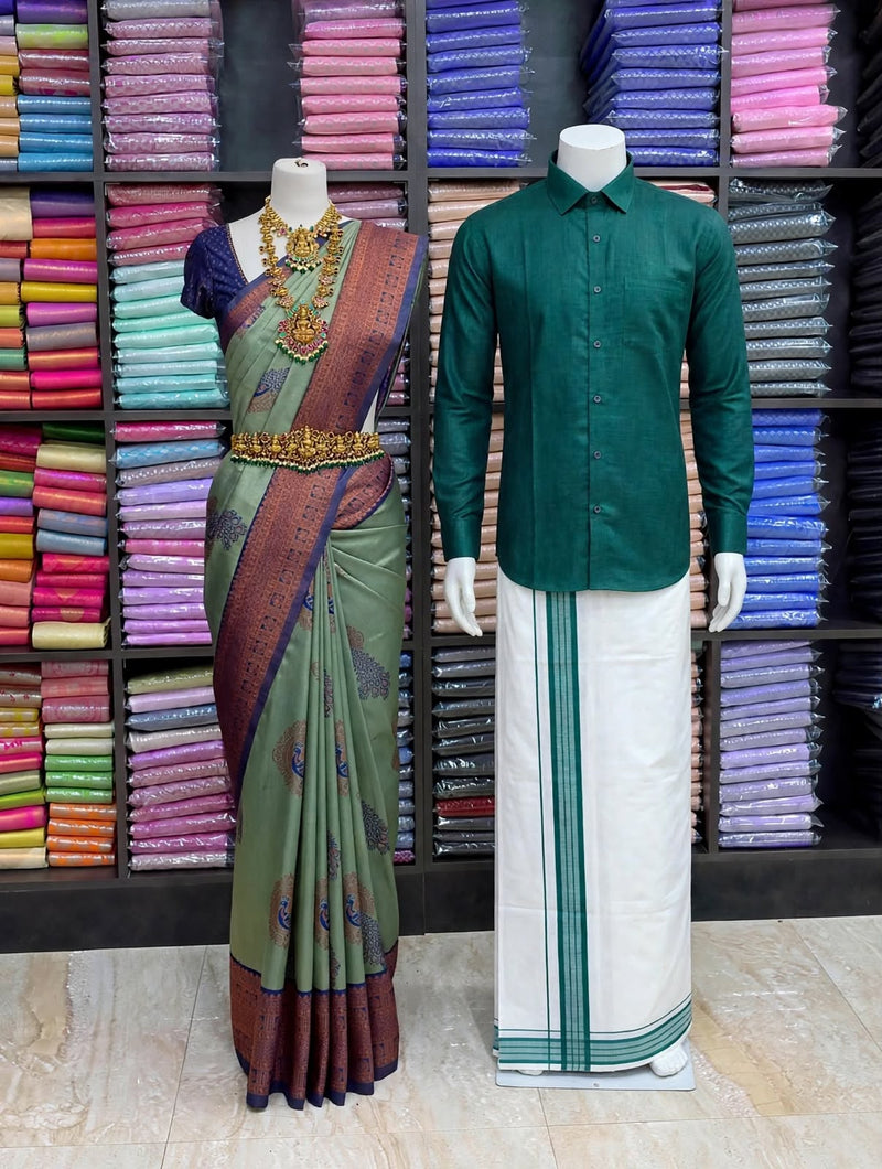 Premium Traditional Couples Combo – Sage Green Saree with Navy Blue Contrast Border, Bottle Green Shirt & White Vesti | Wedding & Festive Wear | Sri Nandhini Tex | SNTCC009