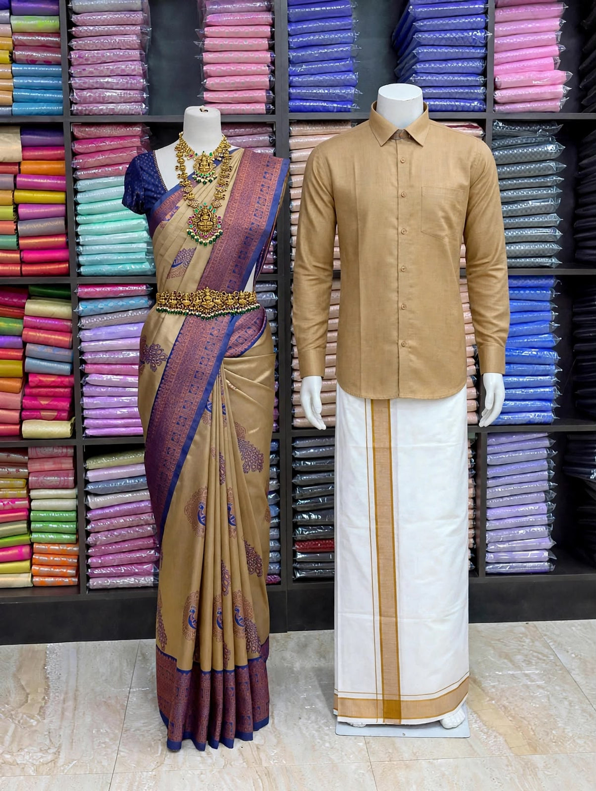 Premium Traditional Couples Combo – Sandal Gold Saree with Royal Blue Contrast Border, Sandal Shirt & White Vesti | Wedding & Festive Wear | Sri Nandhini Tex | SNTCC010