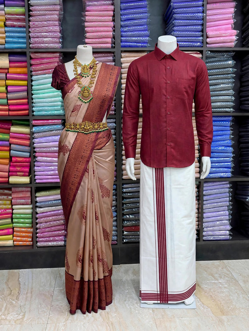 Premium Traditional Couples Combo – Blush Beige Saree with Maroon Contrast Border, Maroon Shirt & White Vesti | Wedding & Festive Wear | Sri Nandhini Tex | SNTCC014