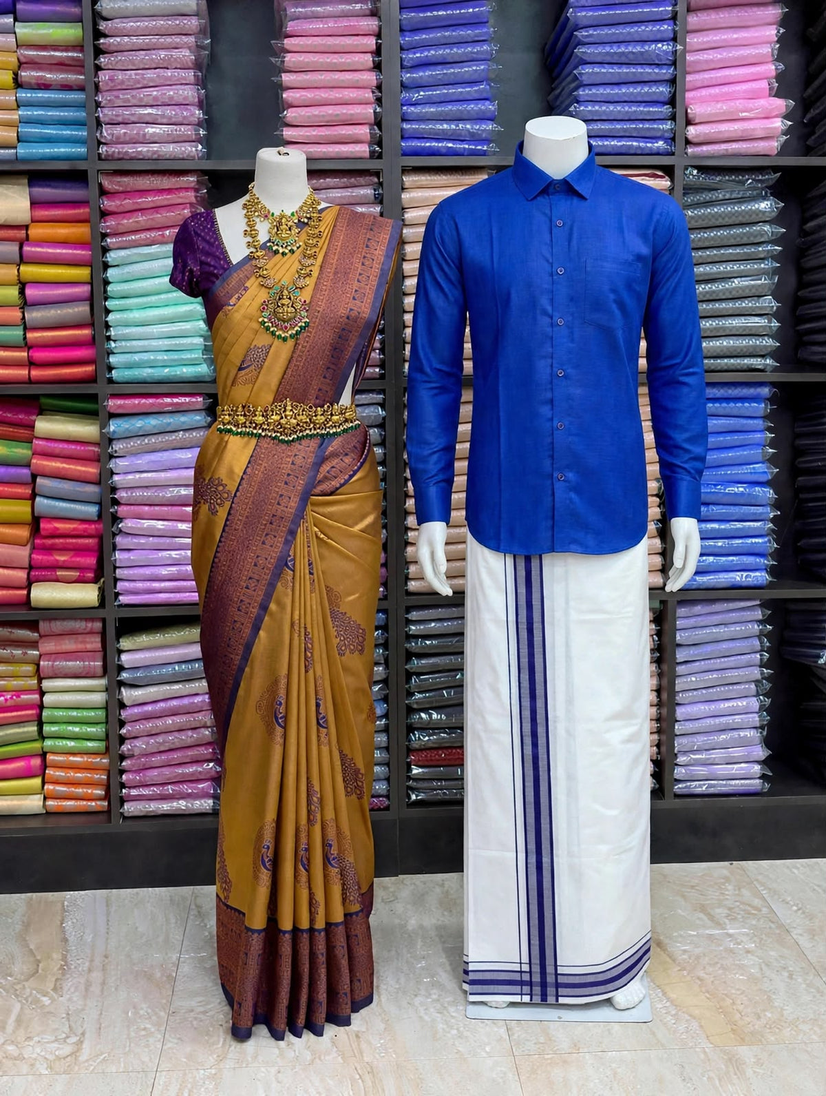 Premium Traditional Couples Combo – Mustard Gold Saree with Violet Contrast Border, Royal Blue Shirt & White Vesti | Wedding & Festive Wear | Sri Nandhini Tex | SNTCC012