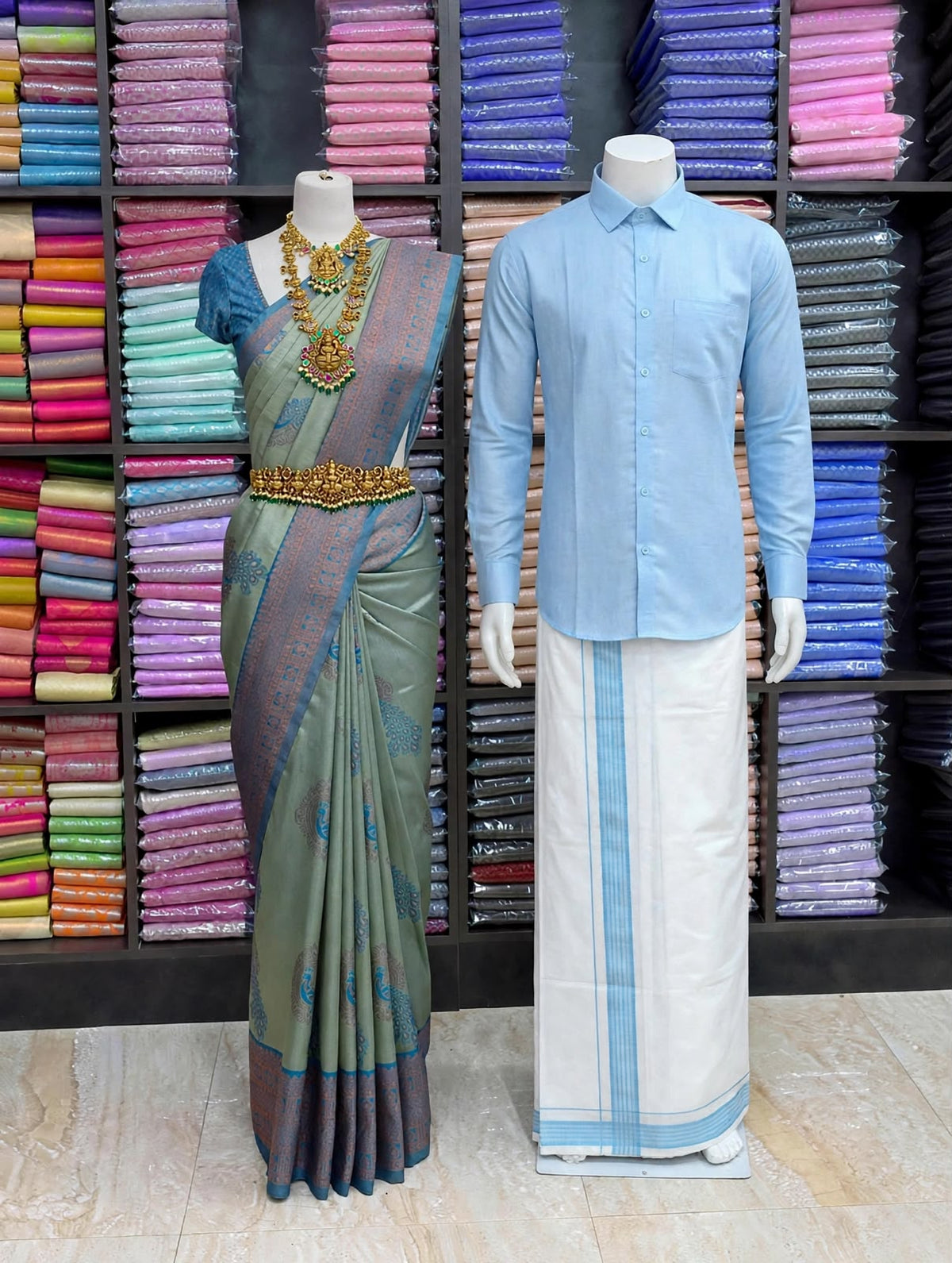 Premium Traditional Couples Combo – Mustard Gold Saree with Violet Contrast Border, Royal Blue Shirt & White Vesti | Wedding & Festive Wear | Sri Nandhini Tex | SNTCC012 (Copy)