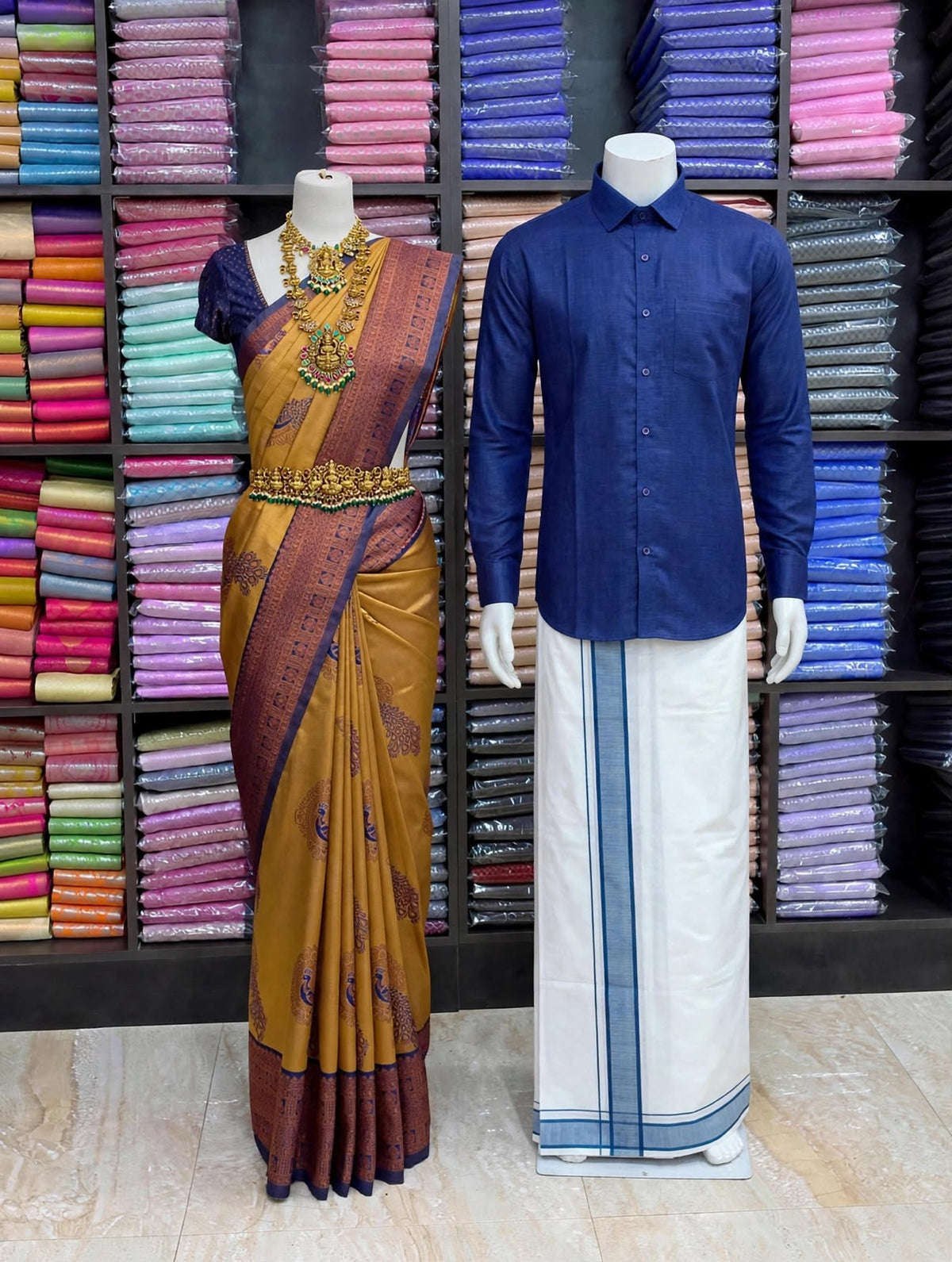 Premium Traditional Couples Combo – Mustard Gold Saree with Navy Blue Contrast Border, Navy Blue Shirt & White Vesti | Wedding & Festive Wear | Sri Nandhini Tex | SNTCC017