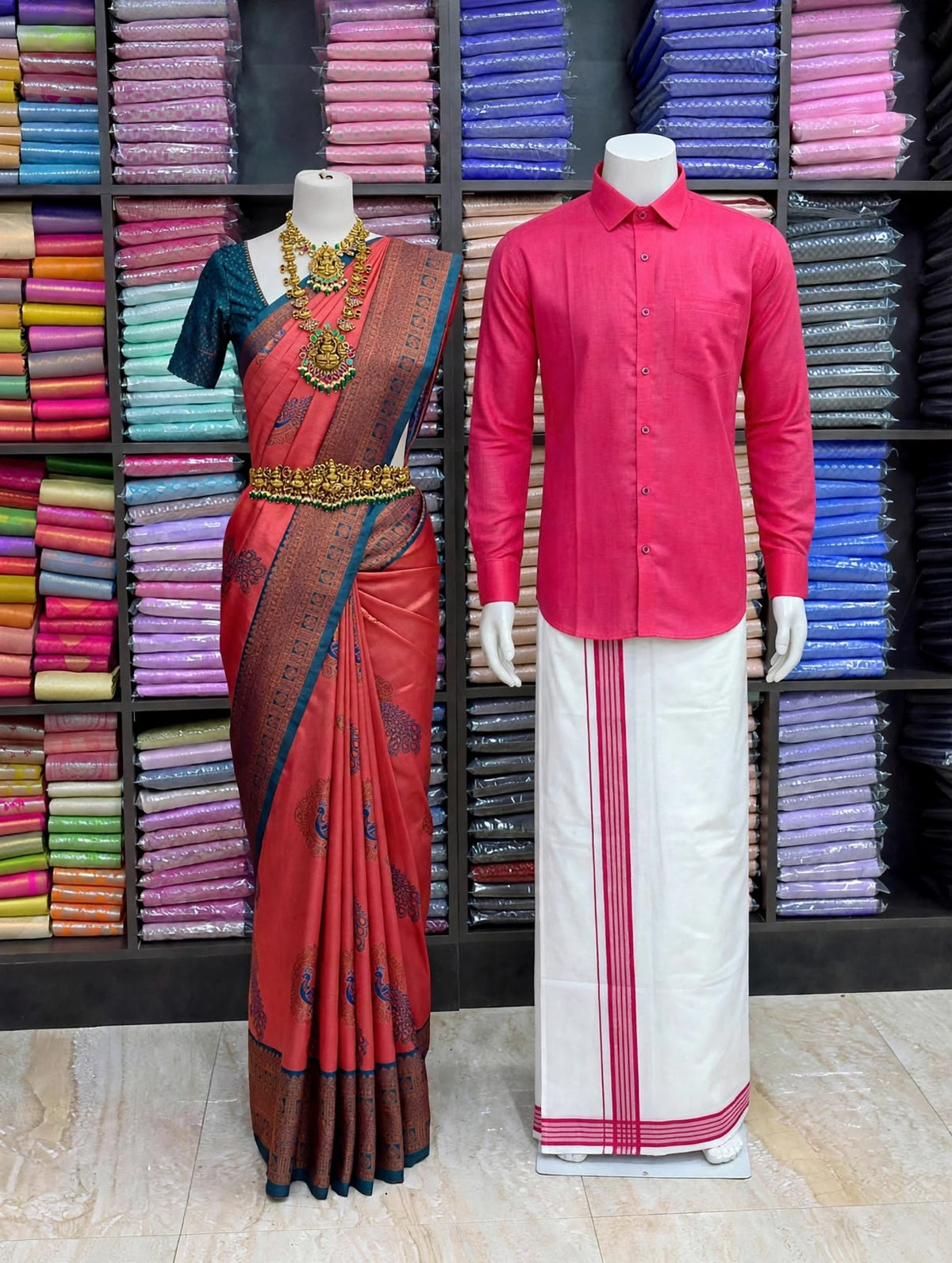 Premium Traditional Couples Combo – Coral Red Saree with Teal Blue Contrast Border, Rani Pink Shirt & White Vesti | Wedding & Festive Wear | Sri Nandhini Tex | SNTCC015