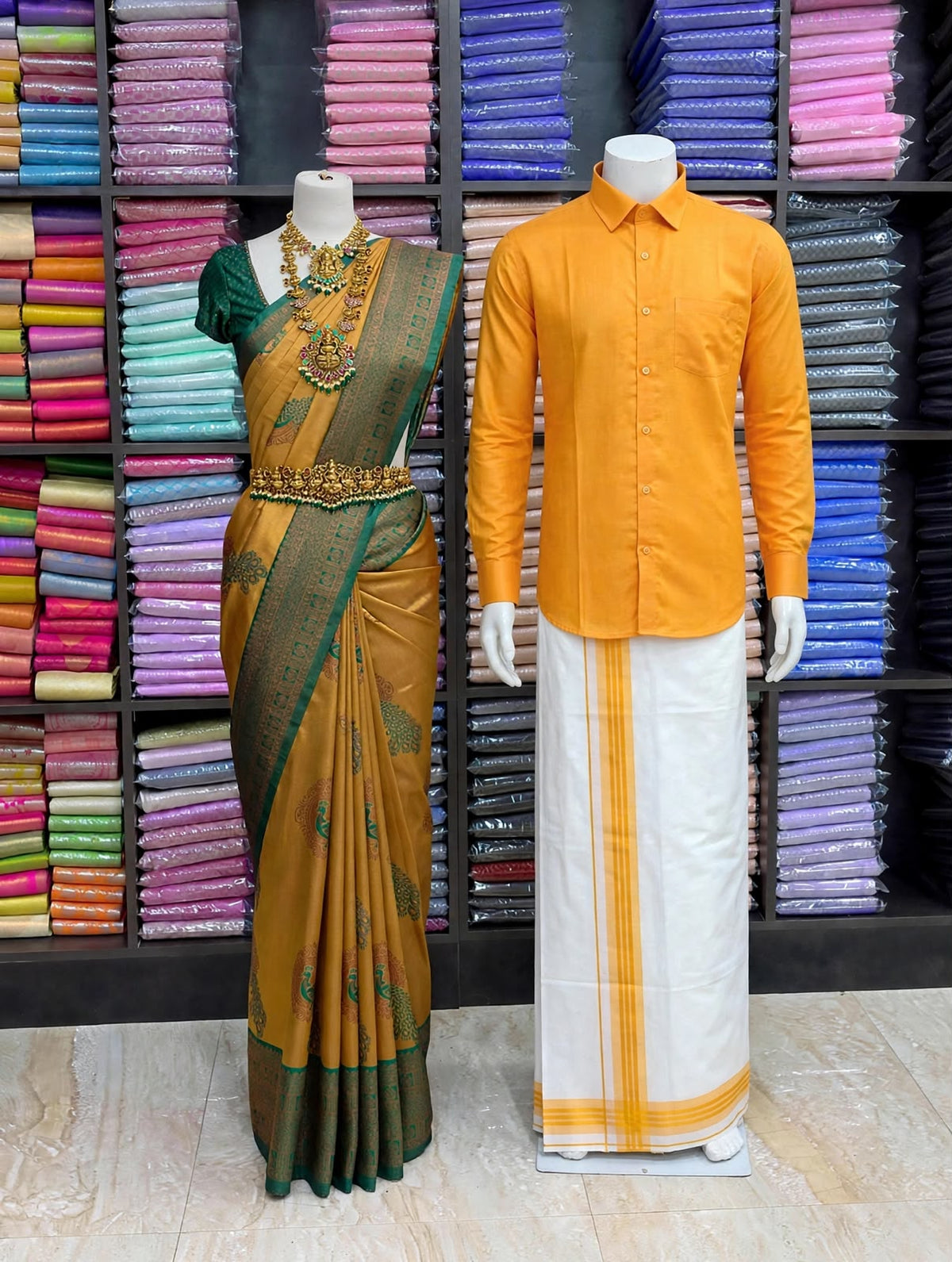 Premium Traditional Couples Combo – Mustard Yellow Saree with Bottle Green Contrast Border, Mango Yellow Shirt & White Vesti | Wedding & Festive Wear | Sri Nandhini Tex | SNTCC016