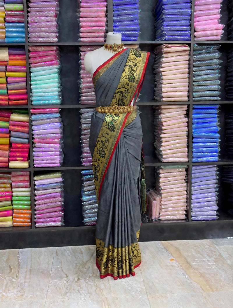 Premium Narayanpet Cotton Saree – Charcoal Grey with Maroon Contrast | Festive Cotton Saree | Sri Nandhini Tex | SCS002