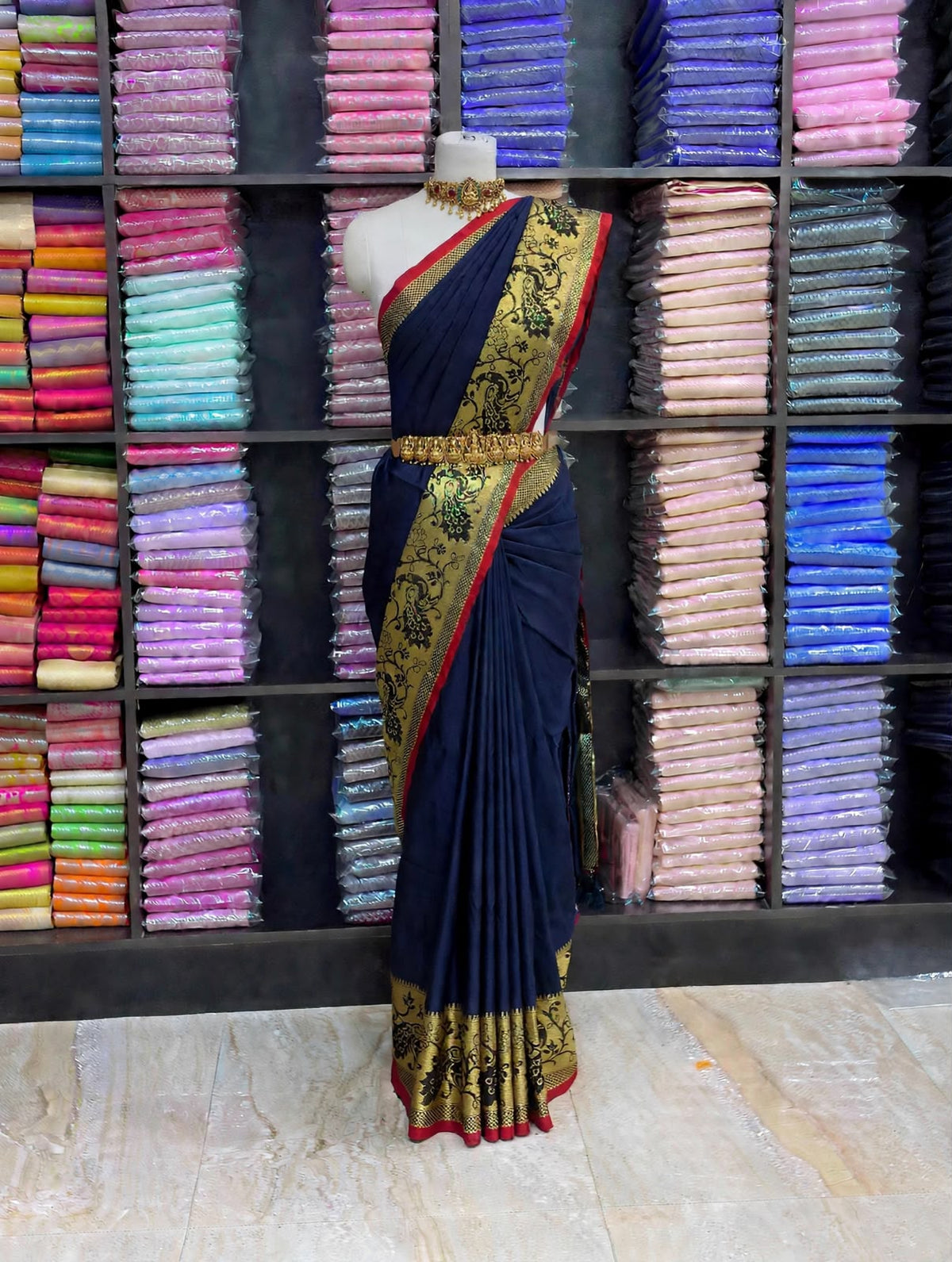 Premium Narayanpet Cotton Saree – Midnight Blue with Maroon Contrast | Festive Cotton Saree | Sri Nandhini Tex | SCS001