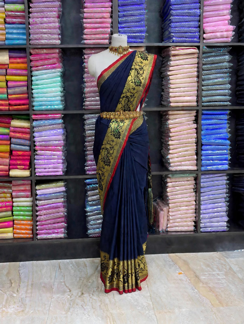 Premium Narayanpet Cotton Saree – Midnight Blue with Maroon Contrast | Festive Cotton Saree | Sri Nandhini Tex | SCS001
