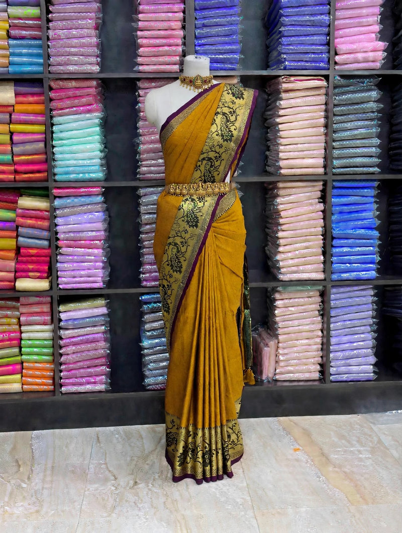 Premium Narayanpet Cotton Saree – Mustard Yellow with Wine Contrast | Festive Cotton Saree | Sri Nandhini Tex | SCS005