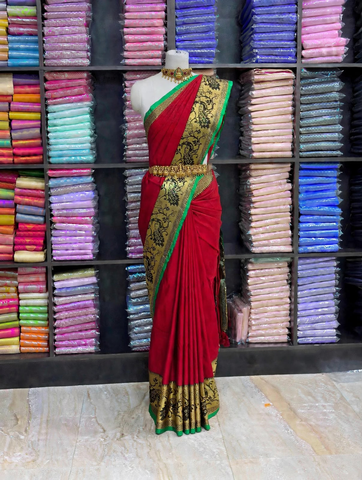 Premium Narayanpet Cotton Saree – Crimson Red with Emerald Green Contrast | Festive Cotton Saree | Sri Nandhini Tex | SCS009