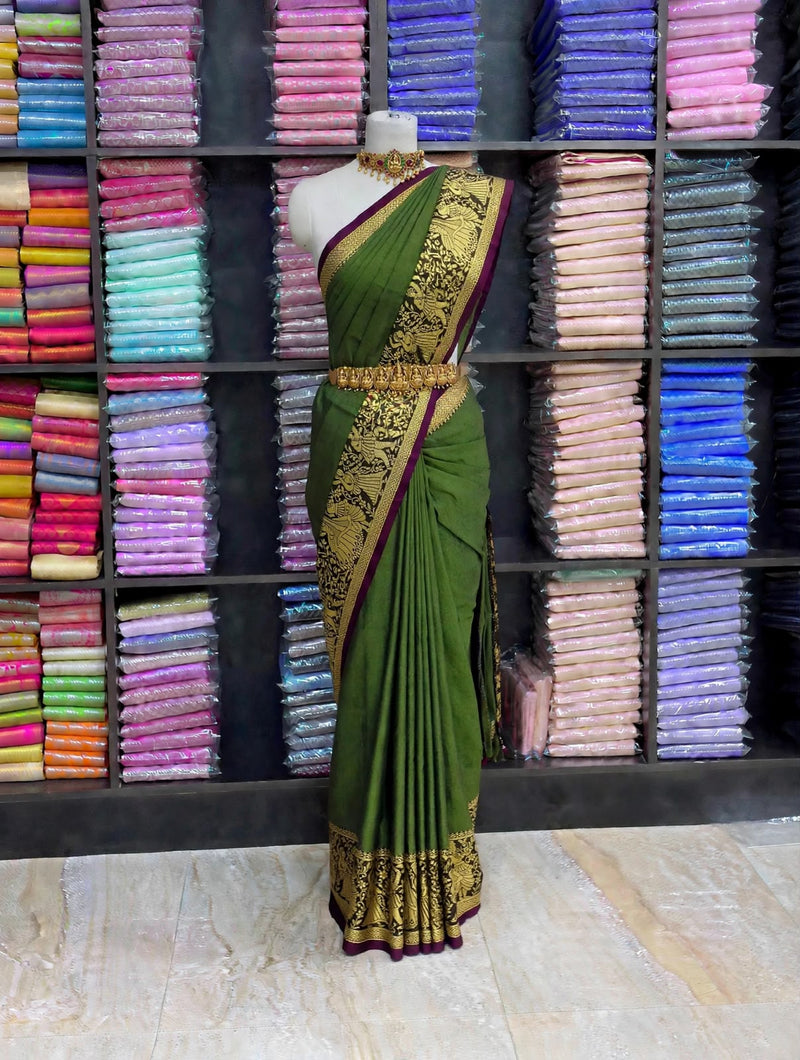 Premium Narayanpet Cotton Saree – Olive Green with Wine Contrast | Festive Cotton Saree | Sri Nandhini Tex | SCS007