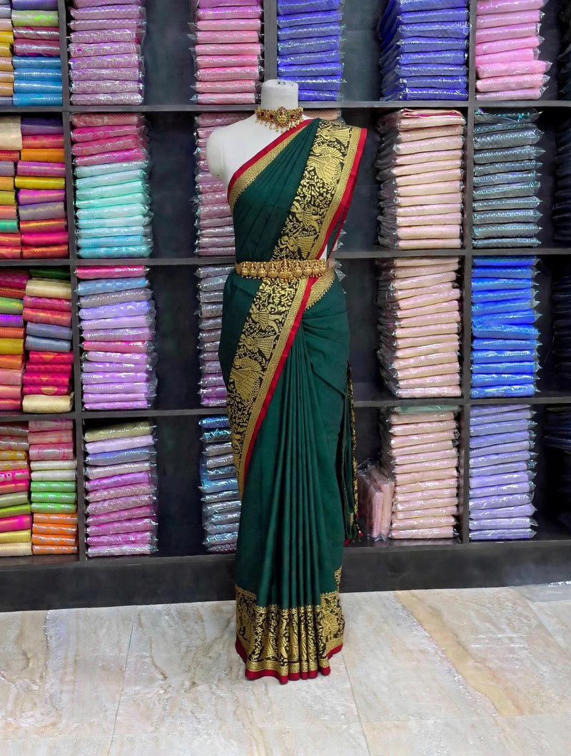 Premium Narayanpet Cotton Saree – Emerald Green with Maroon Contrast | Festive Cotton Saree | Sri Nandhini Tex | SCS008