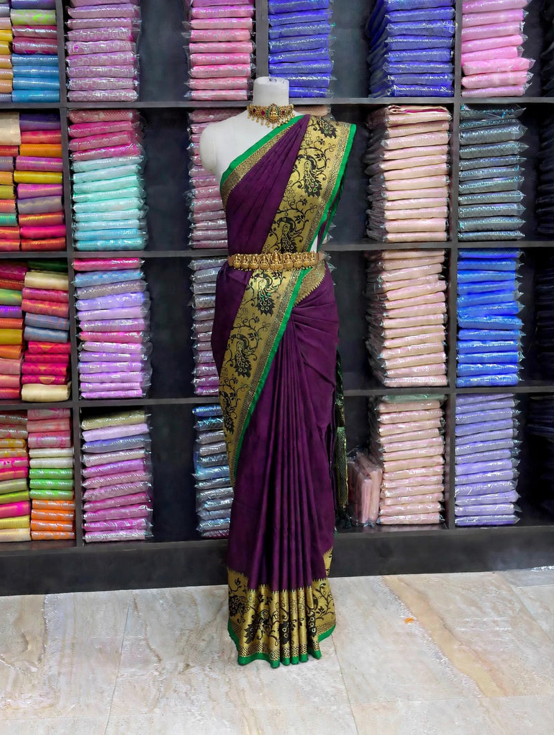 Premium Narayanpet Cotton Saree – Royal Plum with Emerald Green Contrast | Festive Cotton Saree | Sri Nandhini Tex | SCS011