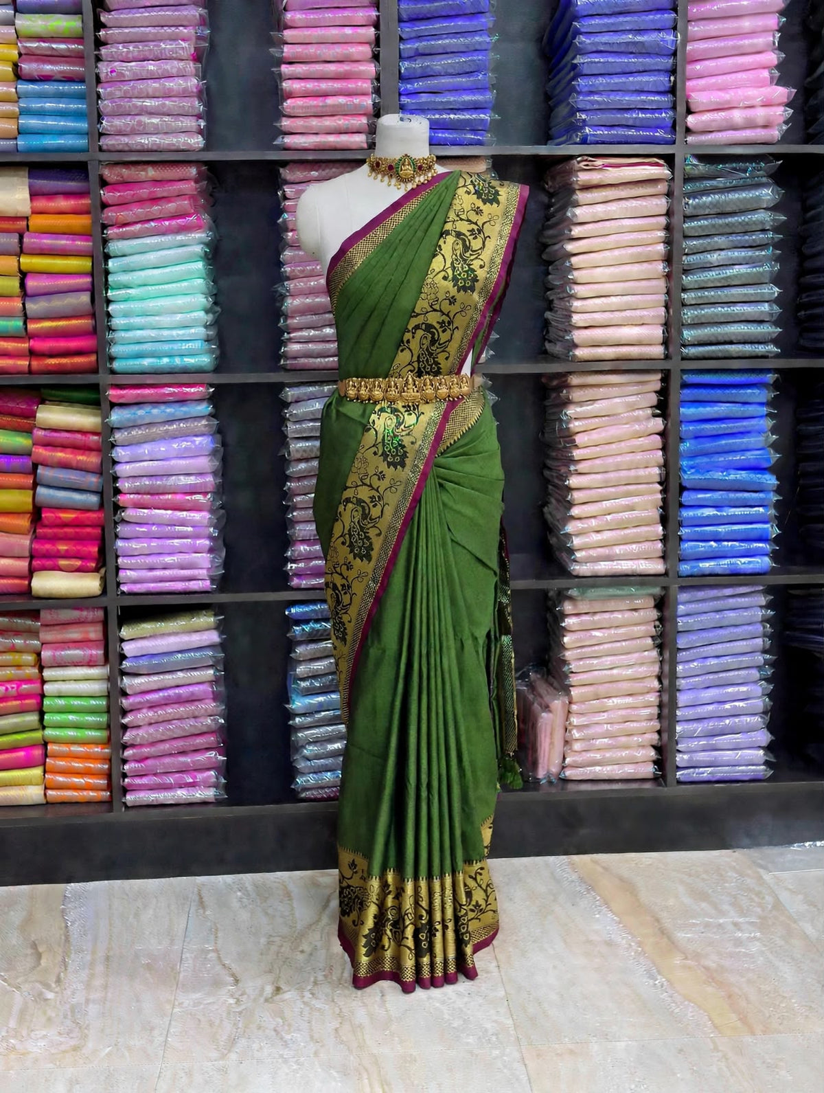 Premium Narayanpet Cotton Saree – Mehendi Green with Wine Contrast | Festive Cotton Saree | Sri Nandhini Tex | SCS010