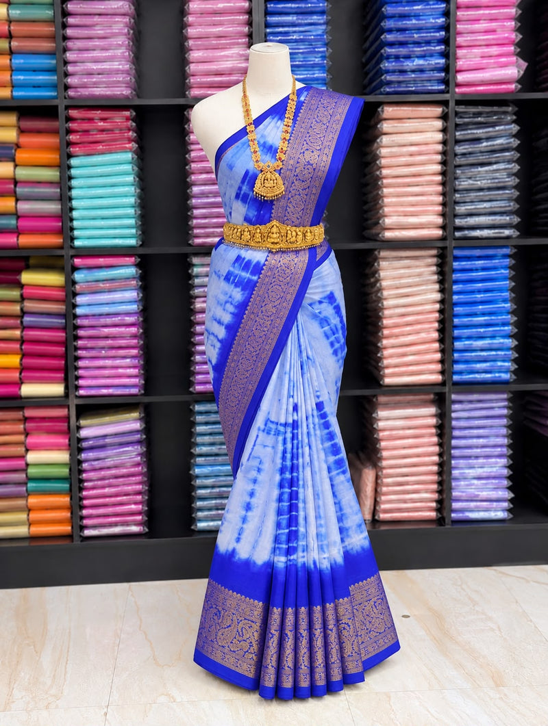 Premium Banarasi Warm Silk Saree – Sky Blue with Royal Blue Gold Zari Border | Diwali Festive Saree | Sri Nandhini Tex | Premium Banarasi Warm Silk Saree – Sky Blue with Royal Blue Gold Zari Border | Diwali Festive Saree | Sri Nandhini Tex | SNTS004
