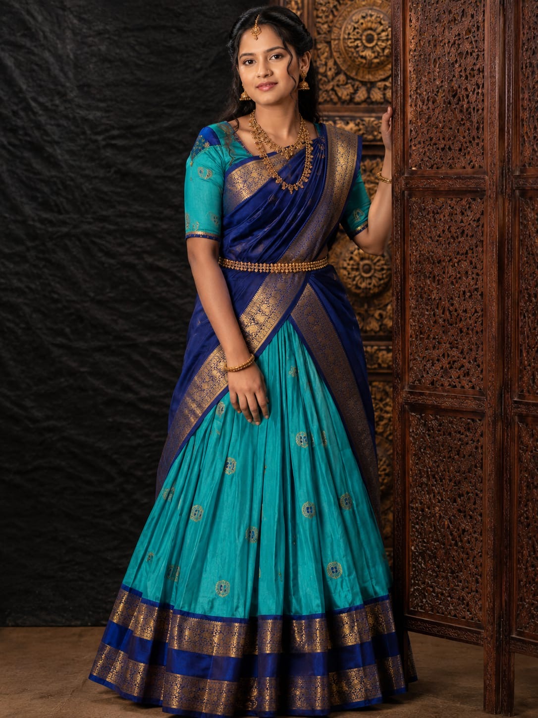 Traditional Elampillai Half Saree Set – Aqua Blue Wedding Special Pavadai Dhavani | Sri Nandhini Tex