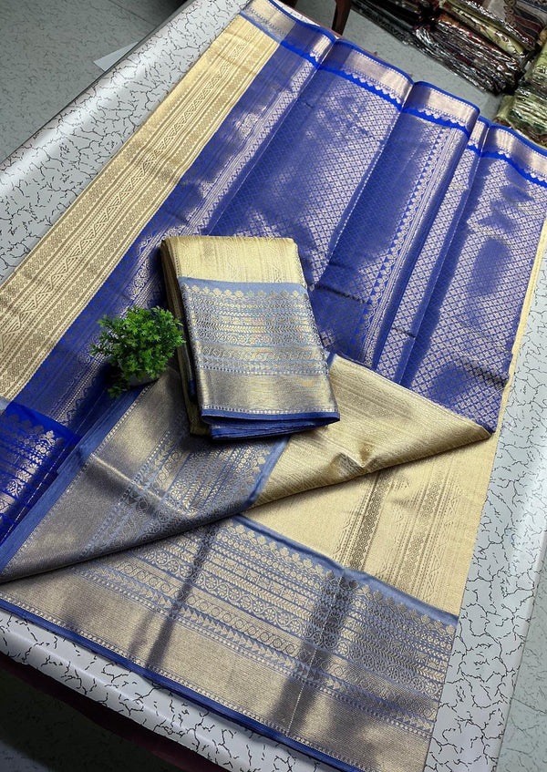 Sneha Inspired Saree – Light Beige with Silver Blue Border