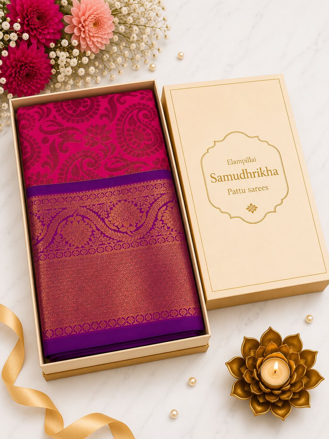 Premium Elampillai Samudhrikha Pattu Saree – Rani Pink with Royal Purple Contrast Border | Traditional Wedding Silk Saree | Sri Nandhini Tex | SNTSP008