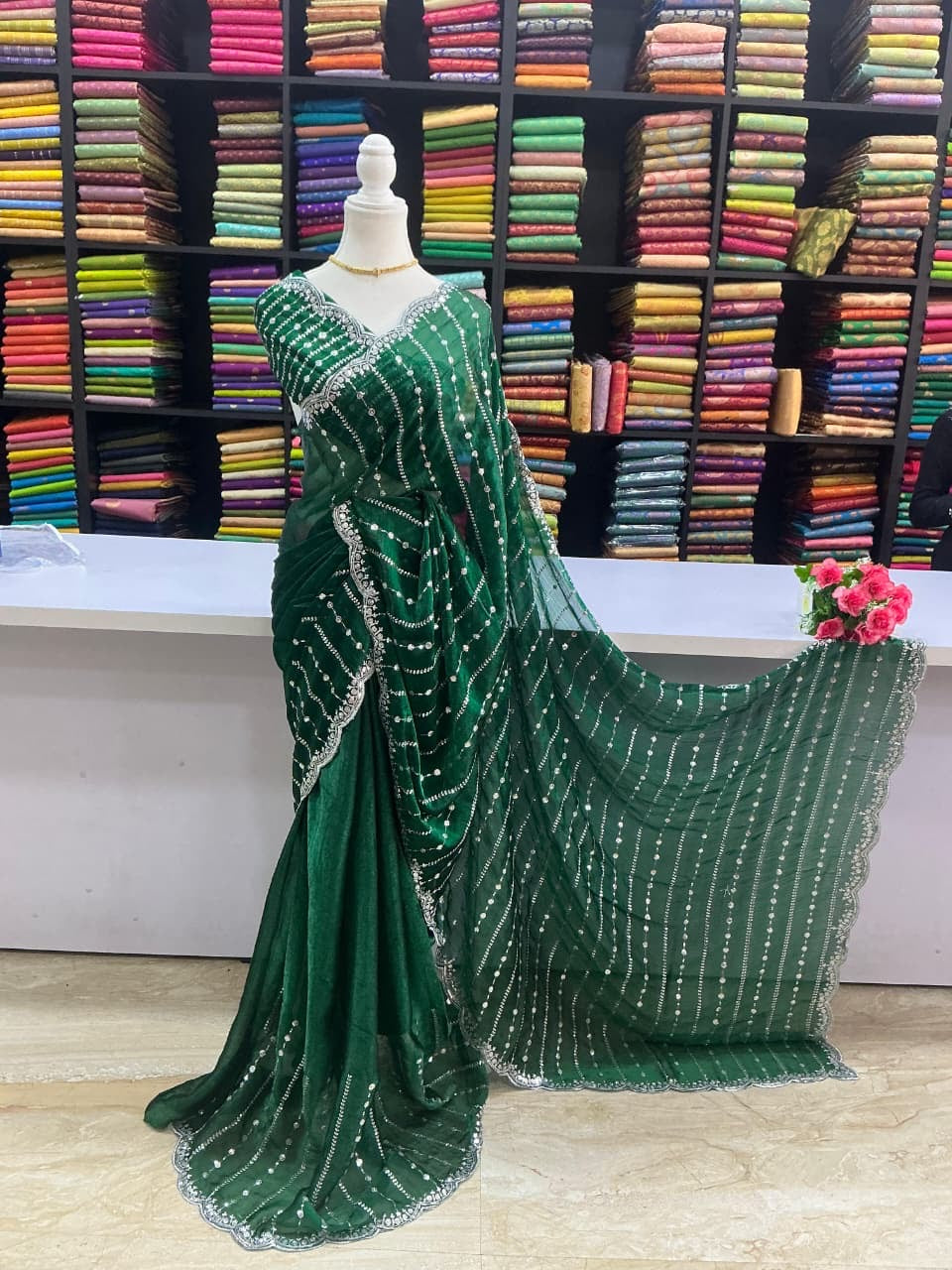 Premium Space Silk Designer Saree – Dark Green with Stone Work Border | Sri Nandhini Tex | SNTSS005